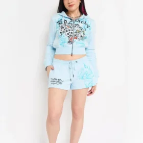 Blue Leopard Y2K Rhinestone Fleece Shorts