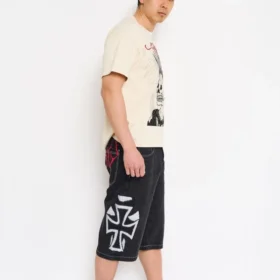 Crosses Rhinestone Mens Long Denim Shorts